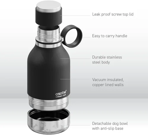 Vista 4 de Botella Buddy de Asobu, una botella de agua aislada de acero inoxidable con cuenco de agua removible para perros y cuenco de almacenamiento