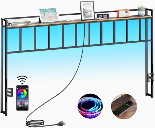 Vista 10 de LAKEMID Cabecera tamaño Queen, cabeceros con luz LED, salidas y puertos USB, cabecera con estante de almacenamiento, cabecera resistente y estable