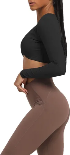 Vista 2 de Aoxjox Camiseta corta de manga larga para mujer, diseño de Sienna Twist Deep V