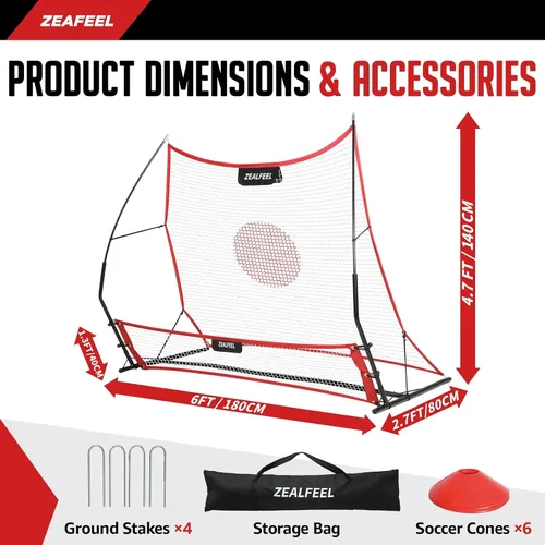 Vista 7 de ZEALFEEL Red de Rebotes de Fútbol, Red de Rebotes de Fútbol 2 en 1, Red Grande de 182 x 142 cm y Red Pequeña de 182 x 46 cm, Red de Rebotes