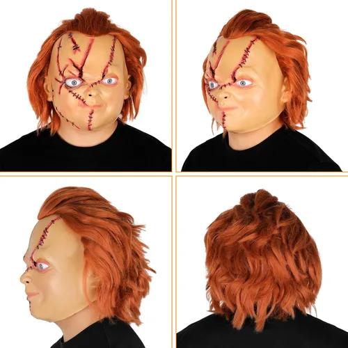 Vista 6 de Máscara Chucky espeluznante de látex de cabeza completa con pelo realista máscara de cosplay máscara de Halloween mata para adultos y niños