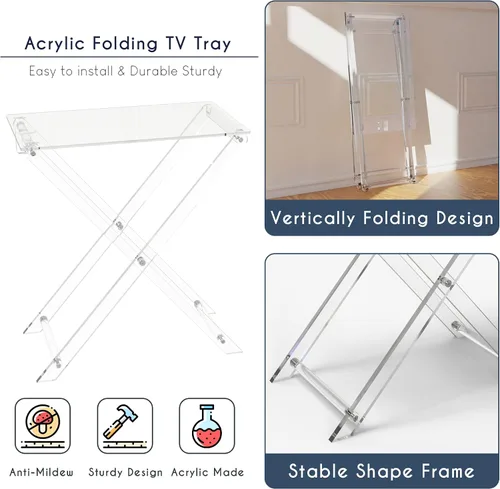 Vista 7 de Bandeja de TV plegable de acrílico, mesa plegable para muebles modernos y pequeños, mesa auxiliar para sala de estar, dormitorio, cocina, mesa
