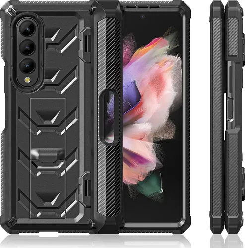 Vista 9 de Funda resistente para Samsung-Galaxy-Z-Fold-3 con soporte integrado [soporte para bolígrafo S] [protector de pantalla] [protección de bisagra], Negro