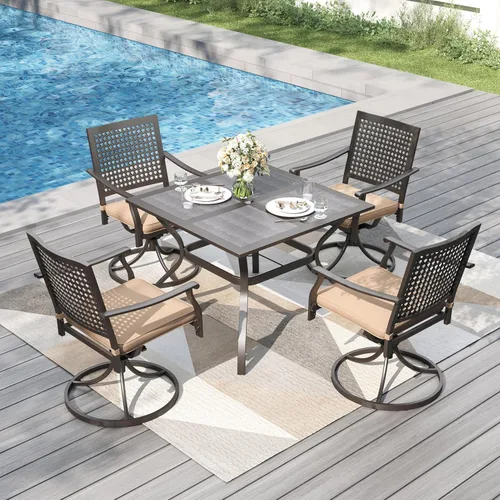 Vista 11 de PHI VILLA Juego de comedor al aire libre de 5 piezas para 4, sillas apilables con cojines y mesa cuadrada de madera de 37 pulgadas con agujero