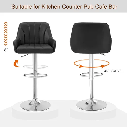 Vista 7 de VECELO Juego de 2 taburetes de bar, taburetes de bar ajustables, taburetes de altura de mostrador con respaldo y brazo, taburetes de isla de cocina