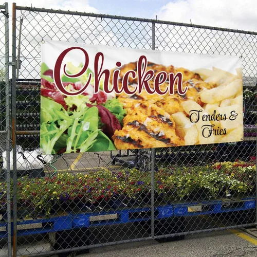 Vista 4 de Vinyl Banner Multiple Sizes Chicken Tenders & Fries A Restaurant & Food Outdoor Weatherproof Industrial Yard Signs Golden 4 Grommets 12x30Inches
