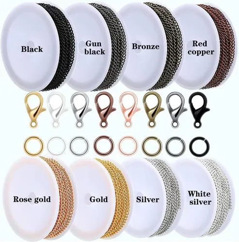 Vista 3 de Kit de fabricación de joyas de 80 pies – Cadena de acero inoxidable de 8 colores, 240 anillos de salto y 80 cierres de langosta para manualidades