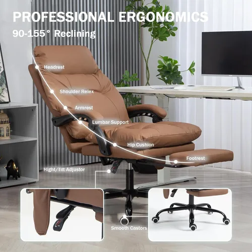 Vista 5 de Silla de oficina ejecutiva reclinable de 155° con soporte lumbar ajustable, cómoda silla de escritorio para computadora con reposapiés, silla