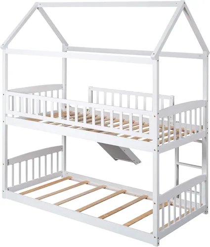 Vista 6 de Harper & Bright Designs Literas de casa para niños con tobogán, marco de litera de madera individual sobre cama individual con escalera