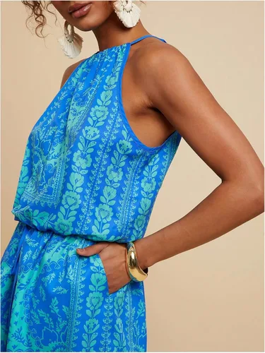 Vista 5 de SweatyRocks - Enterizo de una pieza con estampado integral, sin mangas, con cuello halter y bolsillo, de cintura alta para mujer azul (Tribal Blue)