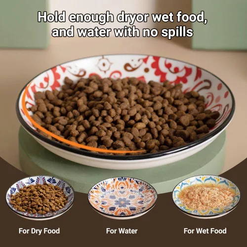 Vista 5 de Cuencos de cerámica para gatos, platos antideslizantes para gatos, paquete de 3 cuencos de comida para gatos, antifatiga y antibigotes, platos