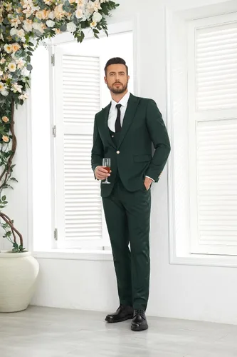 Vista 4 de Wangyue Trajes de 3 piezas para hombre, trajes ajustados para hombres, esmoquin de boda, traje de graduación, negocios formales