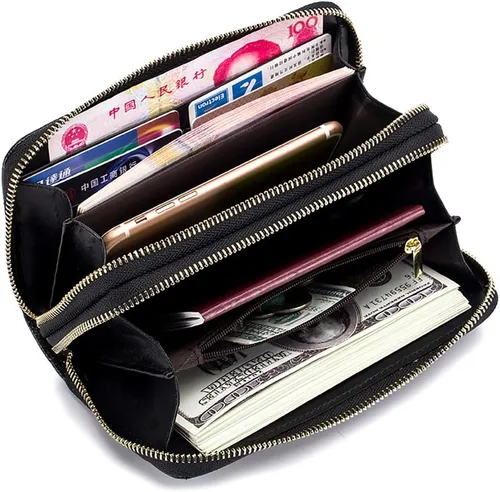Vista 3 de Cartera de cuero para mujer con bloqueo RFID, bolsillo para teléfono inteligente con doble cremallera,Ranuras para efectivo de gran capacidad