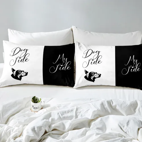 Vista 7 de Dog Side My Side - Juego de sábanas de tamaño Queen, color negro y blanco, sábana bajera ajustable para mujeres y hombres, sábanas románticas