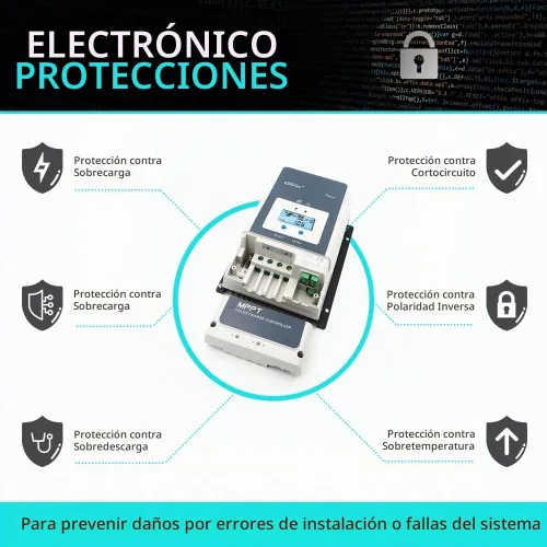 Vista 5 de EPEVER Controlador de carga solar MPPT 50A 12V/24V/36V/48V DC Identificación automática del voltaje del sistema Max.PV 150V Regulador del panel