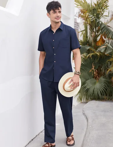 Vista 4 de COOFANDY Conjunto de 2 piezas de lino para hombre, conjunto de camisa y pantalón con botones para la playa
