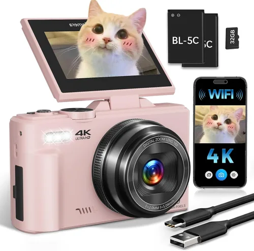 Vista 9 de Cámara digital 4K para principiantes y adolescentes, cámara compacta de vlogging con pantalla abatible de 180°, enfoque automático, fácil de usar