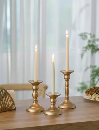 Vista 3 de Sziqiqi Portavelas dorados decorativos: candelabros para pilares, juego de 3 portavelas cónicos para mesa de boda, chimenea, mantel de vacaciones