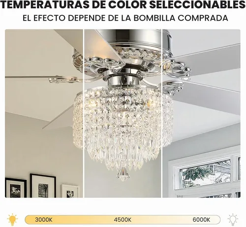 Vista 5 de Ventilador de techo de cristal con luces, ventilador de candelabro moderno con control remoto, ventilador de techo cromado reversible, lámpara