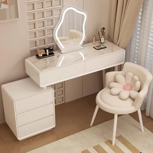 Vista 21 de Tocador con espejo con luces, mesa de tocador con cajones, mesa de maquillaje blanca, 3 modos de iluminación de brillo ajustable, para dormitorio