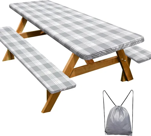 Vista 45 de Funda de mesa de picnic con fundas para bancos Esenciales de camping Mantel de picnic impermeable y a prueba de viento con bolsa de cordón, funda