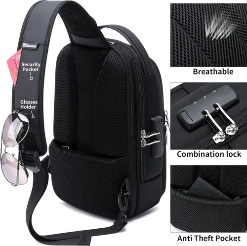 Vista 15 de DUSLANG Mochila de hombro para senderismo, bolsa cruzada para hombres, bolsas de pecho con puerto de cargador USB para campamento casual, ciclismo