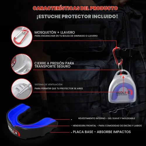 Vista 7 de Protector bucal Redline Sportswear con estuche ventilado - Protección para todos los deportes de contacto, Azul Azul & negro