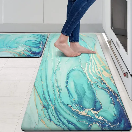 Vista 10 de MAYHMYO Juego de 2 tapetes de cocina antifatiga, diseño de mármol y azul, alfombrillas acolchadas y antideslizantes