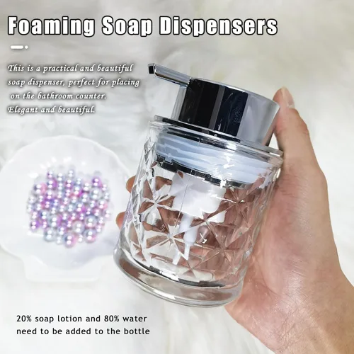 Vista 2 de Dispensadores de jabón espumoso de mano de vidrio con bomba plateada, dispensador de jabón de manos recargable para baño y cocina (1 paquete-D881)