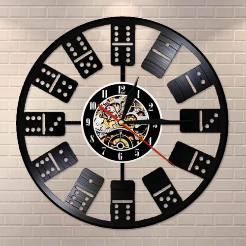 Vista 2 de Reloj de pared de 11.8 in, diseño de dominó chino y números, disco de vinilo, rectangular, decoración de dominó para sala de juegos, Pai Gow, juego