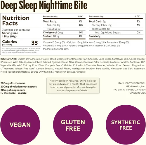Vista 9 de GEM Ayuda para Dormir, Mordedura Nocturna, Paquete de 7, Sin Melatonina, L-Teanina, Magnesio, Extracto de Raíz de Valeriana Vegano y Sin Gluten