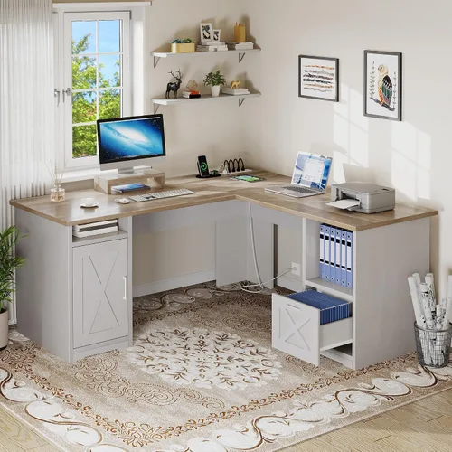 Vista 3 de DWVO Escritorio en forma de L con cajón de archivos, escritorio de esquina de 60 pulgadas con tomas de corriente, escritorio de oficina en casa