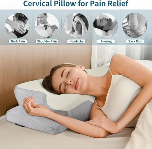 Vista 3 de Almohada cervical para aliviar el dolor de cuello, almohada cervical ergonómica para dormir, almohadas refrescantes de espuma viscoelástica