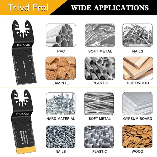Vista 5 de Trivd Frol 100 piezas de hojas de sierra oscilantes, hojas de multiherramienta universales profesionales de titanio para madera, plásticos, metal
