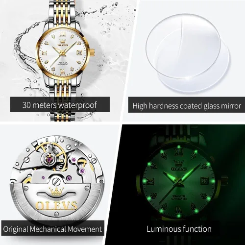 Vista 5 de OLEVS Reloj automático de mujer con diamantes mecánico de cuerda automática a la moda elegante reloj de pulsera luminoso impermeable de acero