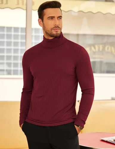 Vista 2 de COOFANDY Suéter de cuello alto para hombre, ajuste delgado, ligero, básico, acanalado