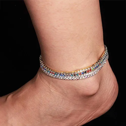 Vista 3 de Suyi Tobillera de cristal para mujer, 4 piezas, tobilleras elásticas de tenis, cadena elástica para el pie