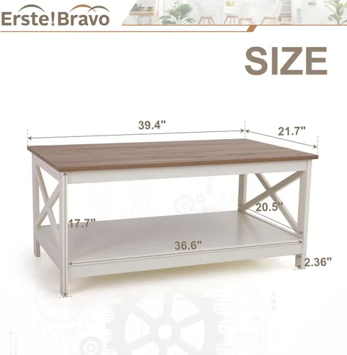 Vista 2 de Mesa de centro de granja con almacenamiento, mesa central cuadrada moderna con estante para sala de estar, mesa de cóctel de aspecto de madera