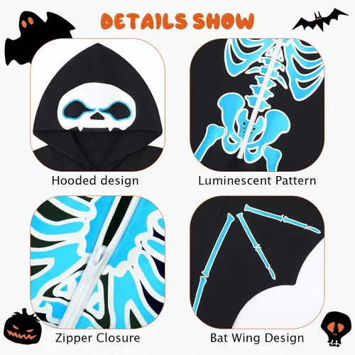 Vista 7 de Weixinbuy Disfraz de esqueleto de Halloween para niños que brillan en la Negro #1