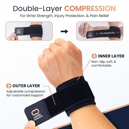 Vista 4 de Copper Compression Muñequeras (paquete de 2) – Soporte de muñeca ajustable con infusión de cobre para levantamiento de pesas, entrenamientos