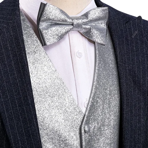 Vista 3 de Barry.Wang Chaleco brillante para hombre, cuello en V, ajuste delgado, chaleco con corbatín, conjunto de fiesta, graduación, esmoquin, formal, casual