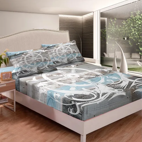 Vista 4 de Erosebridal Juego de sábanas de ancla náutica, sábanas de brújula oceánica, tamaño individual para niños, adolescentes, adultos, decoración