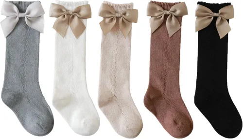 Vista 2 de TIBE PINCESS Calcetines altos hasta la rodilla para bebés y niñas, con lazo de malla transpirable, calcetines de vestir para niños, calcetines
