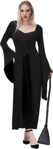 Vista 4 de NANAMEEI Disfraz de bata con capucha para mujer, vestido largo con bloques de color, vestidos de Halloween para cosplay
