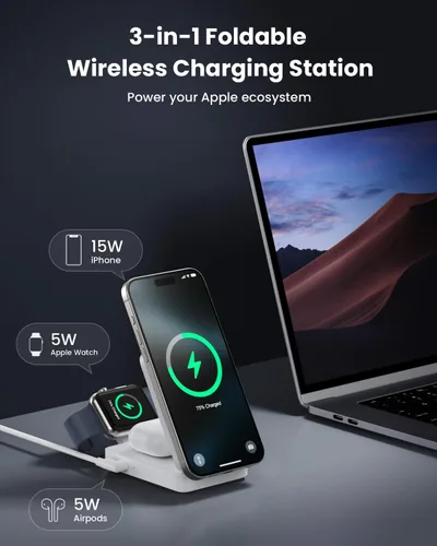 Vista 4 de Cargador Inalámbrico 3 en 1 Estación de Carga para iPhone, Soporte de Carga Magnético de 15W Certificado Qi2 para Mag-Safe con Adaptador USB C