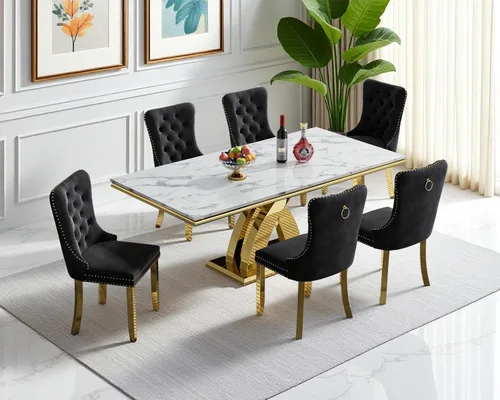 Vista 37 de Juego de 4 mesas de comedor blancas y doradas, mesa de cocina rectangular de 68 pulgadas con parte superior de mármol sintético blanco, mesa de Mesa