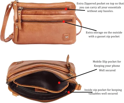 Vista 3 de Wise Owl Accessories Bolso bandolera pequeño de cuero real para mujer, bolso cruzado de moda