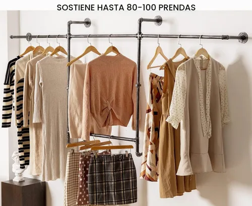 Vista 6 de Perchero industrial de pared, barras de tubería de ropa resistente, perchero estilo tubería con cuatro varillas para colgar para el hogar