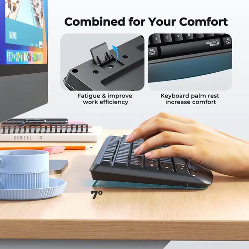 Vista 6 de Combo de teclado y mouse inalámbricos, 2.4 G/Bluetooth silencioso de tamaño completo, mouse inalámbrico de tamaño completo, mouse óptico de 3800