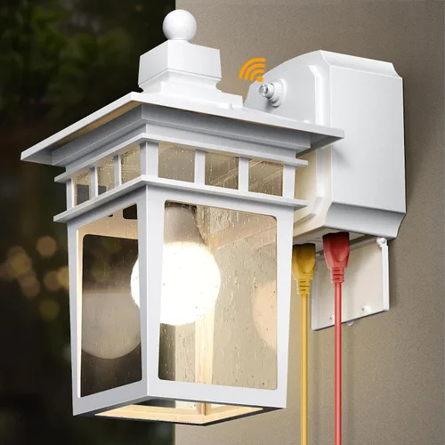 Vista 11 de Luces de Porche Exteriores con Sensor de Movimiento con Toma GFCI, 3 Modos de Luminaria Exterior del Anochecer al Amanecer, Luminaria de Iluminación